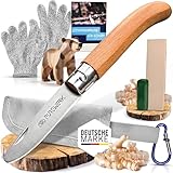 PUREWERK® - Schnitzmesser Kinder ab 6 Jahre [mit abgerundeter Spitze] - klappbares Outdoor-Taschenmesser mit Holzgriff - Schnitzset mit Kinderschnitzmesser, Etui, Handschuhen und mehr