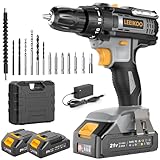 Akkuschrauber, LEEIKOO Akku Bohrschrauber, 21V Akku Bohrmaschine 42N.m mit 2 Batterien 2.0Ah, 10mm Bohrfutter, 2-Gang, 18+1 Drehmomentstufen, 14tlg Zubehör Set, LED Licht für Garten DIY Projekt, Grau