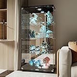 Mokylor Vitrine aus Glas mit 4 Ebenen, Weinvitrine aus Glas mit 2 Türen, Vitrine mit Schloss für Wohnzimmer, Büro und Sammlerstücke (schwarz, mit Licht)