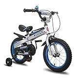 HILAND Knight 14 Zoll Kinderfahrrad mit Stützrädern Klingeln Handbremse für Jungen ab 3 4 5 Jahre alt Kinder Fahrrad Blau Silber