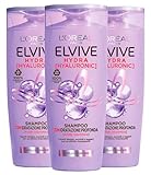 L'Oréal Paris Elvive Hydra Hyaluronic Shampoo 72H Tiefenwirkung, auffüllende Wirkung mit Hyaluronsäure für dehydriertes Haar, macht weich und revitalisiert – 3 Flaschen à 400 ml