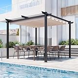 EROMMY Versenkbarer Pergola 3x3m,wasserdicht und sonnensicher,stabil und kältefest,Metall,freistehende Markise,Terrassenüberdachung,für Garten Terrasse & Balkon,Beige