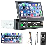 Bluetooth Autoradio 1 Din mit 7 Zoll Motorisierte Ausfahrbarem Touch Display,Auto Radio Unterstützung FM Radio Mirror Link Lenkradfernbedienung USB/AUX/Type-c 7 Farbenmit Rückfahrkamera