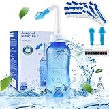 Nasendusche Set-Anzorhal Nasendusche Erwachsene 300ml mit 60 Beutel Nasendusche Salz und Thermometer-Aufkleber Nasenspülkanne Nasendusche Kinder Neti Pot zum Nasenreinigung und Nasenspülung(Azurblau)