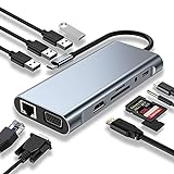 USB C HUB, Docking Station, 11-in-1 USB C Adapter mit 4K-HDMI, VGA, USB 3.0 Port, Type C PD, Ethernet RJ45 Port, SD/TF-Kartenles, 3.5mm AUX, Kompatibel für MacBook Pro/Air, More Type C Geräte