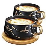 VETIN 2 Stücke Cappuccino Tassen mit Unterteller, Tasse Marmor, 300 ml Espressotassen aus Porzellan für Tee Kaffee Cappuccino, Kaffee-Tassen mit Holzscheibe (Schwarz*2)