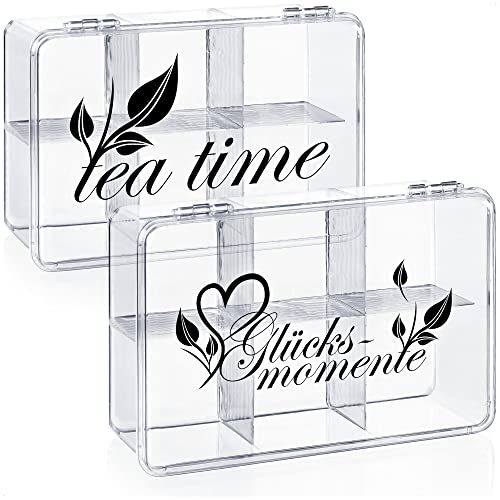 com-four® 2X Aufbewahrungsbox für Tee und Teebeutel - Teebox aus transparentem Kunststoff mit 6 Fächern - Teekiste zur Teeaufbewahrung (02 Stück - Glücksmomente & Teatime)