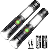REHKITTZ LED Taschenlampe Extrem Hell (mit 2500mAh Akku) Wiederaufladbare Taktische Taschenlampe LED Multifunktions COB Arbeitsleuchte Mini Taschenlampen Magnet Flashlight Zoombar Handlampe(2 Stück)