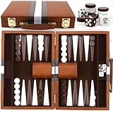 Backgammon, Backgammon Koffer, Backgammon Holz,mit Hochwertiger Ledertasche Tragbares und Reise-Backgammon-Set (Braun)