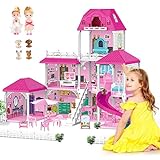 deAO Puppenhaus Traumvilla 3 Etagen Dollhouse mit Möbeln und Zubehör, Spielset mit 2 Puppen, Rutschen, Treppen, 4 Zäune Puppenhund, Puppenhaus Geschenk für 3+ Jährig(52 * 83 * 63CM)
