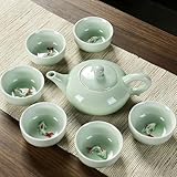 Chinesisch Kung Fu Teeservice, Koi Keramik Teekanne Set,Japanische Teetasse Handgemachte Porzellan Teekanne und 6 Teetassen Set Tee-Liebhaber Tee Set (Hellgrün, Geschenkbox)