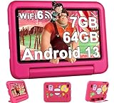 2024 Kinder Tablets 7 Zoll FHD Android 13 OS Wi-Fi 6 Bluetooth 5.0, 7 GB RAM+ 64 GB ROM(TF 1TB) GMS-Zertifizierung | Elterliche Kontrolle | 3500mAh | AR Erkennungs-Tierkarten | Eva-Schutzhülle-Rosa