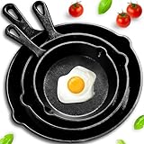 Retoo Pfannenset, 3 Teiliges, Gusseisen, Bratpfanne, set, 25,5cm 20,5cm 15,5cm, Kochgeschirrset, mit Antihaftbeschichtung, Backofenfest, Farbe, Schwarz