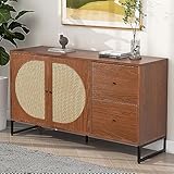 DUlVBPE Sideboard mit 2 Rattan verzierten Türen und 2 Schubladen Kommode Küchenschrank, Mehrzweckschrank, Highboard mit Metallgriffe, für Schlafzimmer & Wohnräume & Büro