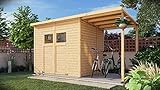 Alpholz Gerätehaus Mollie Plus 395x199 cm Fichtenholz 14 mm Wandstärke Pultdach mit Anbau und Schleppdach inkl. Montagematerial