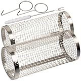Rosenstein & Söhne Grillkorb Zylinder: 2er-Set Grillkörbe aus Edelstahl, stapelbar, inkl. Haken und Spieße (Zylinder-Drahtgeflecht-Grillkorb, Fisch Edelstahl, Grillspiesse)