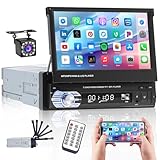 Autoradio 1 Din Bluetooth mit 7 Zoll HD Einziehbarer Bildschirm Radio Auto Stereo mit Bluetooth Freisprecheinrichtung USB FM Mirror Link AUX Rückfahrkamera