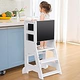Lernturm für Kinder, Learning Tower mit magnetischem Whiteboard und Abnehmbarer Kreidetafel, Höhenverstellbar, Montessori-Lernstuhl für Küche und Bad, Kippsicher, Schwarz