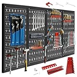 CCLIFE Werkzeugwand Lochwand 4 tlg Inkl. 52-Teiligem Metall Werkzeuglochwand Vier Teile 160 x 60 x 2 cm Erweiterbar Zubehör Wandregal Werkzeugaufbewahrung Schwarz