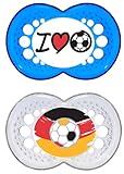 MAM Original Silikon Schnuller „Football“-Kollektion im 2er-Set, zahnfreundlicher Schnuller, Baby Schnuller aus speziellem MAM SkinSoft Silikon mit Schnullerbox, 6-16 Monate, blau