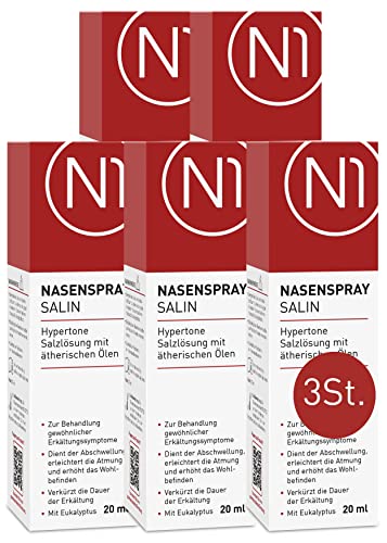 N1 Nasenspray Salin 5x20 ml - [Verkürzt die Dauer der Erkältung] - abschwellend, erleichtert die Atmung, erhöht das Wohlbefinden - geeignet ab 3 Jahre - mit Eukalyptus - Medizinprodukt