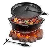 Muntel® Dutch Oven Set BBQ 7,5 Liter, Feuertopf Schmortopf mit Edelstahluntersetzer, Gusseisen Topf mit Deckelheber Henkel und Schlitz für Themormeter, Grilltopf für Oudoor & Indoor,schwarz