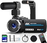 Videokamera 4K 80MP HD Camcorder für YouTube, 30FPS Webcam IR Nachtsicht Vlogging Kamera, 18X Digitalzoom 3,0 270°IPS Bildschirm Video Camera mit SD Karte, 2 Batterien, Fernbedienung, und Stabilisator