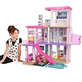 Barbie Dream House (114 cm), 3-stöckiges Puppenhaus mit Barbie-Pool, Rutsche, Barbie-Rollstuhllift, 75+ Barbie-Zubehörteile, ohne Barbie-Puppen, als Geschenk für Kinder ab 3 Jahren geeignet, GRG93