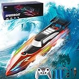 Zhwidnerso Ferngesteuertes Boot mit LED-Licht, 2,4-GHz Rennboote mit 2 Batterien, Nie-Kentern Boot Ferngesteuert, 50km/H Speedboot, Rennboot Geeignet für Kinder, Erwachsene, Seen, Poolspielzeug