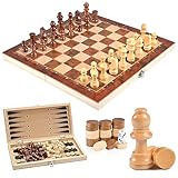 Qooloo Schachspiel aus Holz, 3 In 1 Schach, Dame, Backgammon, Schachbrett Klappbar, Schachbrett Holz Hochwertig Abschließbarer Koffer, Chess Set für Kinder Erwachsene Party Reisen, 29 x 29 cm