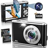Digitalkamera, AutoFocus 4K Fotoapparat Digitalkamera mit Dual-Kamera mit 32GB Speicherkarte HD 48MP 16X Digitalzoom 2,8' großem Bildschirm Fotokamera Kompaktkamera für Einsteiger（Schwarz）