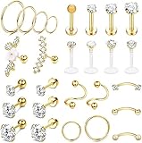 LOLIAS 27Pcs 16G Knorpelohrstecker Ohrstecker für Frauen Männer Edelstahl CZ Labret Helix Piercing Tragus Ohrstecker Forward Conch Piercing Schmuck Set