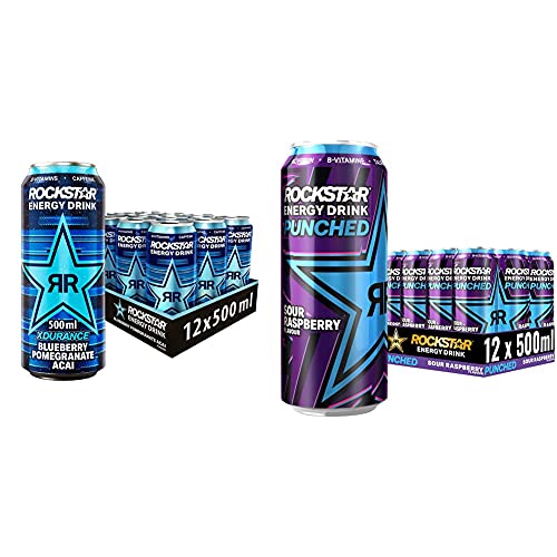 Rockstar Energy Drink XDurance Blueberry - Koffeinhaltiges Erfrischungsgetränk für den Energie Kick, EINWEG (12x 500ml) & Energy Drink Super Sours Blue Raspberry - Saures, EINWEG (12x 500ml)