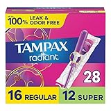 Tampax Radiant Plastic Tampons, Regular/Super Absorbency Duopack, 28 Count (Packaging May Vary)