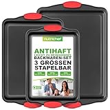 NutriChef Backbleche Set 3-Teilig – Antihaftbeschichtetes Backformen Set aus Edelstahl bis 230°C – Stapelbare Ofenbleche Spülmaschinenfest, PFOA-, PFOS- & PTFE-frei – Qualitative Baking Tray