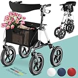 maxVitalis Rollator faltbar und leicht mit Sitz, Outdoor Rollator mit Luftbereifung inkl. Sitzfläche, Rückengurt, höhenverstellbare Gehhilfe aus Aluminium inkl. Tasche und Stockhalter Weiß