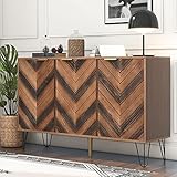Sweiko 47' Retro-Braun Kommode mit DREI Türen, Sideboard mit Schwarz Metallbeinen Schubladenkommode Verstellbares Regal Holz Mehrzweckschrank für Flur Schlafzimmer Wohnzimmer Badezimmer Kinderzimmer