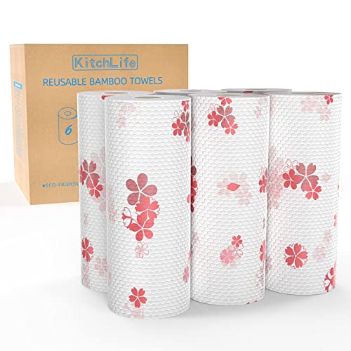 KitchLife Wiederverwendbare Bambus-Papierhandtücher - 6 Rollen = 24 Monate Vorrat, waschbare und recycelte Küchenrolle, Zero Waste Produkte, nachhaltige Geschenke, umweltfreundlich, (Sakura)