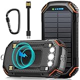 Solar Powerbank 36000mAh Solar Ladegerät Mit 3 Kabel USB C Eingang 15W Schnellladung, Wireless Power Bank Tragbares Outdoor Externer Handyakkus mit Solarzelle &Taschenlampe für iPhone Samsung