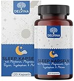 Delvina Schlafkapseln Komplex - 120 Melatonin Kapseln hochdosiert mit L-Tryptophan, Magnesium, Glycin, Melisse - Einschlafhilfe Erwachsene - Schlafmittel extra stark, ohne Gewöhnungseffekt - Vegan