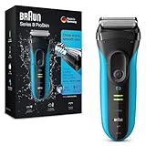 Braun Series 3 ProSkin Rasierer Herren, Elektrorasierer mit Präzisionstrimmer, wiederaufladbarer und kabelloser elektrischer Rasierer, 45 Min Laufzeit, Wet&Dry, Geschenk Mann, 3040s, schwarz/blau