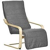 HOMCOM Sessel Wohnzimmer Relaxsessel Loungesessel Ruhesessel mit Armlehnen aus Birkenholz, 5-Fach verstellbare Fußteil, Lesesessel mit Leinenoptik, Polstersessel für Schlafzimmer, Grau