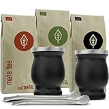 Mate Tee Set Bio ● 3 Matesorten + 2 doppelwandige Edelstahl Matebecher + 2 Bombillas + Zubereitungsanleitung (schwarz)