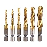 6pcs HSS Bohrer Gewindebohrer Set Metall, 1/4' Sechskantschaft Bohrer Set Metrisches Gewinde Spiralschrauben Gewindeschneider Set, Gewindebohrer M3-M10 Titanbeschichtet