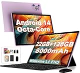 Dghrti 2025 Neuestes Tablet 10 Zoll Android 14, 22(6+16) GB+128GB ROM/TF 2TB, 8000mAh, Kindersicherung, 8-Kerne, Widevine L1, BT5.0, 8MP+5MP, WiFi 6, Tablet mit Tastatur+Maus Cover-Violeta