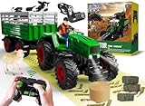 PENGBU RC Ferngesteuerter Traktor mit Anhänger, 2.4 GHz Traktor Ferngesteuert Spielzeug, Kindertraktor Trecker Ferngesteuert mit Frontlader, Anhänger, Kuh, Schaf und Heuballen ab 3 4 5 6 8 Jahre