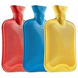 Wärmflasche Ohne Bezug, 2er und 3er Pack Wärmflaschen Groß 1.8L Gummi, Hot Water Bottle Robust und Langlebig aus Naturkautschuk, Bettflasche für Kinder und Erwachsene (Blau/Rot/Gelb, 3 pack)