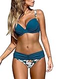 Dokotoo Damen Bikini Set Sexy Push Up Badeanzug Zweiteilige Bademode Swimsuit, grün Blumen, 2XL