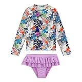 upandfast Langärmlige 2-Teiliges Set Sonnenschutz-Surfbekleidung für Mädchen(Lila Blumen,6 Jahre)