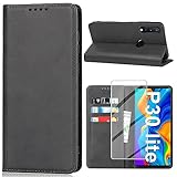 Handyhülle für Huawei P30 Lite Hülle mit Schutzfolie, Schutzhülle P30 Lite 5G PU Leder Wallet Kartenfach Ständer Klapphülle Lederhüllen Case für Huawei P30 Lite 4G Tache Cover (Schwarz)